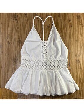Milly Cabana white halter peplum top with geometric crochet lace panel inserts